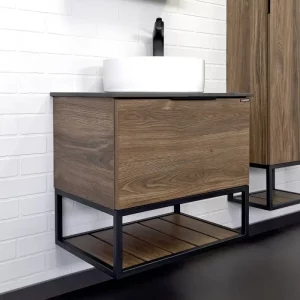 Тумба подвесная Comforty Порто 60 + раковина + черная столешница Дуб темно-коричневый 00-00010676CF